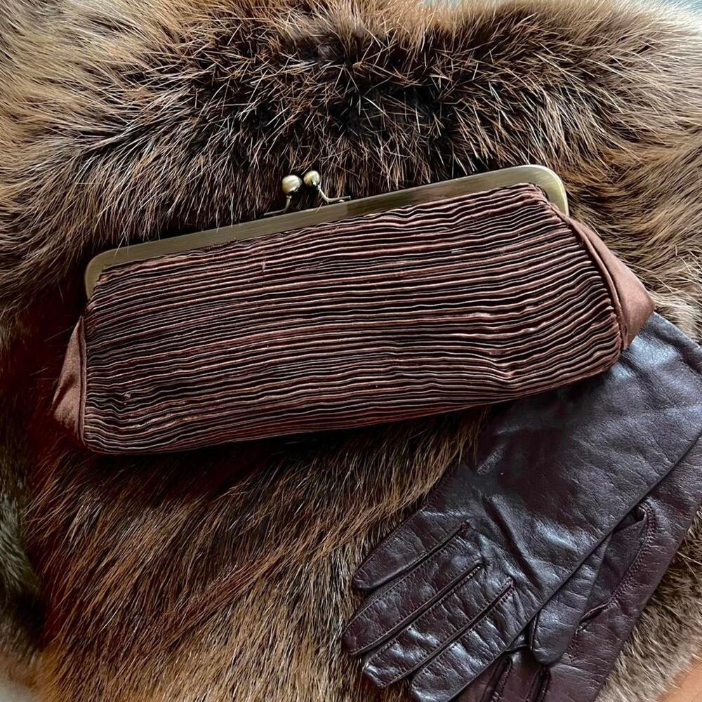 Womens Clutch Bag Brown Ruffle Vintage Texturized Glam